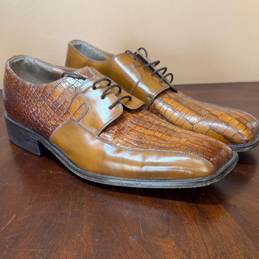Men's Tan‎ Croc-Embossed Leather Dress Shoes